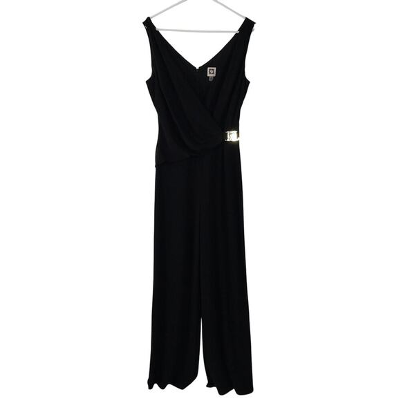 NWOT! ANNE KLEIN! GOLD LOGO WAIST BLACK DRAPEY STRETCH ONESIE, JUMPSUIT! SZ 10 - Picture 2 of 12